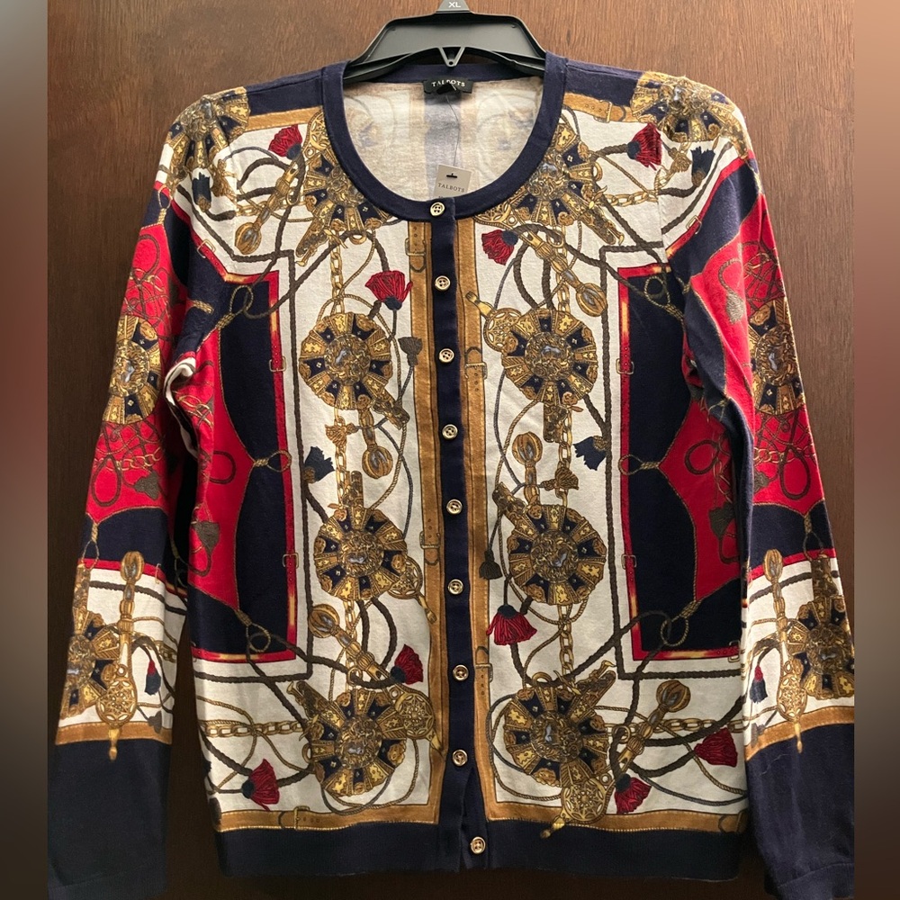 Talbots Status Print Chains and Tassels Cardigan Sweater Size Medium NWT